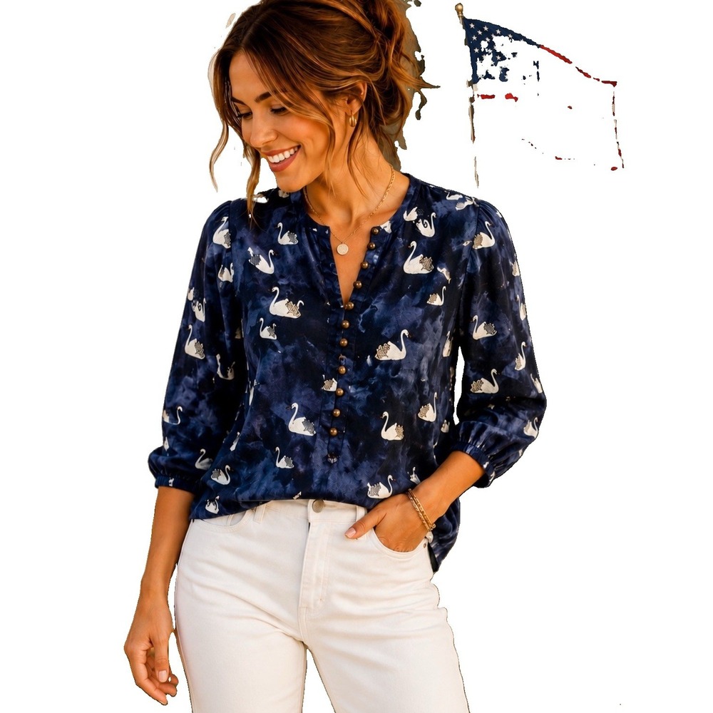 Maeve Anthro Bethesda Swan Print Flannel Top navy Blouse blue cream swan Sz XS